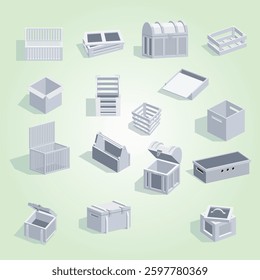 Boxes 3d set with mockup icons of wooden boxes colored in white isolated on blank background vector illustration