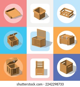 Boxes 3d set of round compositions with wooden boxes of various shapes with chests and pallets vector illustration