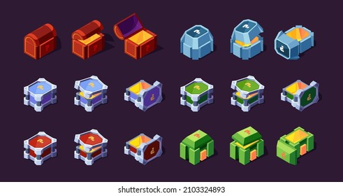 Boxes 3d. Steel and wooden chest cardboard containers for surprise garish vector isometric boxes in cartoon style