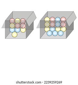 Boxes and balls. Balls packed into cardboard boxes. The number of balls in a box. Maths. Side view. The inside of the box is seen in a cross-section. Vector Illustration.