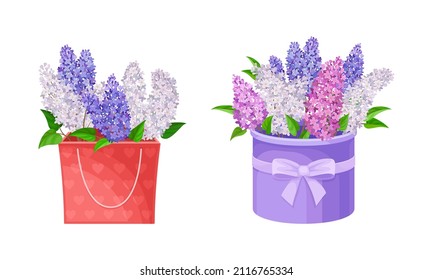 Boxes with bouquet of lilac flowers set. Spring flowers vector illustration