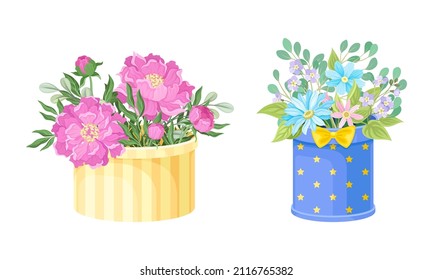 Boxes with bouquets of beautiful flowers set vector illustration