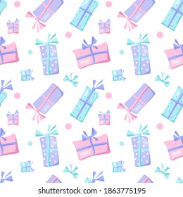 Boxes with a bow Seamless texture. Holiday and birthday gifts cartoon pattern. Vector isolated objects for your design. Perfect for fabrics print, background, wallpaper