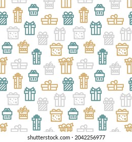 Boxes with bows, gifts for Christmas and New Year. Seamless pattern on a white background.