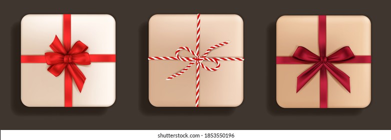 Cajas con arcos y cintas. Colección de regalos, papel de envolver estampado. Cajas con arcos y cintas. Por cumpleaños o celebración de Navidad. Ilustración del vector