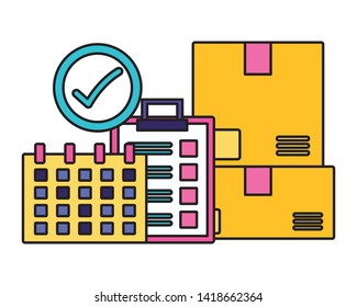 boxes calendar clipboard check mark fast delivery logistic vector illustration