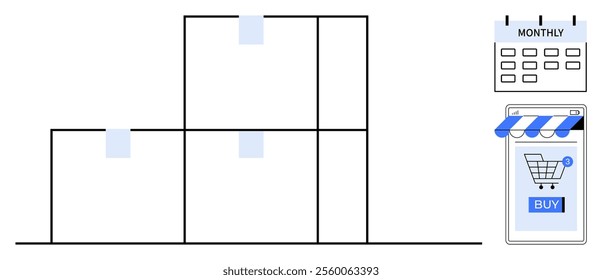 Boxes and a calendar signify a subscription model. A storefront with a shopping cart button implies online purchasing. Ideal for e-commerce, subscriptions, online shopping, logistics, and monthly