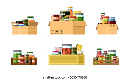 Boxes with canned food set. Packaged rations with necessary products for long term storage cans farmers mushroom and tomato preparations and packaging with fish and pork. Vector cartoon