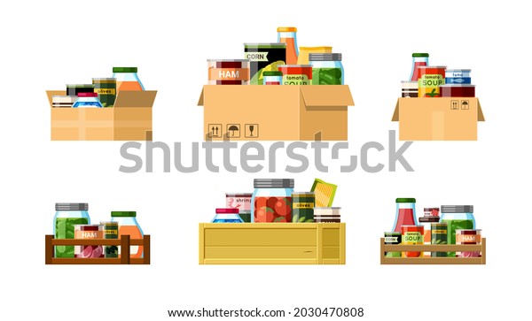 Boxes with\
canned food set. Packaged rations with necessary products for long\
term storage cans farmers mushroom and tomato preparations and\
packaging with fish and pork. Vector\
cartoon