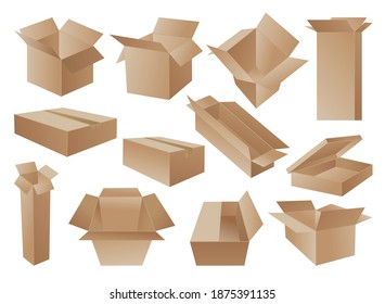 Cajas. Juego de simulación de caja de cartón. Contenedores de correo de varias formas. Recogida de cajas de entrega de cartón de reciclado marrón o de embalajes de paquetes postales, ilustración vectorial realista