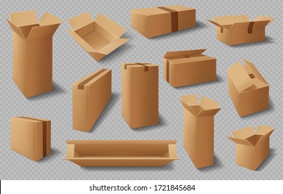 Cajas, cajas de cartón, paquetes de cartón realistas, vectores, paquetes de entrega, maquetas de almacenamiento aisladas en 3D. Cajas de cartón y cajas de cartón, cajas de cartón abiertas y cerradas, contenedores