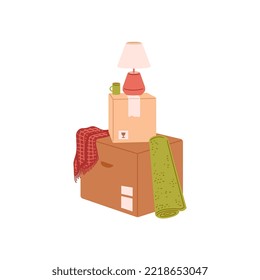 Boxes cardboard containers for packing things for moving, flat vector illustration isolated on white background. House moving and relocation theme, new home.