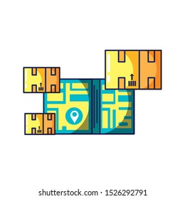 boxes carton with map guide location vector illustration design