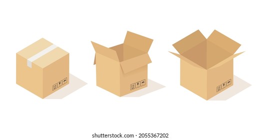 Boxes carton. Opened and closed cardboard box, beige delivery packaging angle view. Cardboard square pack cargo warehouse product container. Empty parcel in row vector isolated set