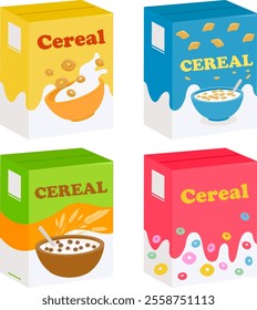 Boxes of cereal packaging in different flavors. Cereal ring cornflakes, chocolate cereal product and milk splashes. Vector illustration