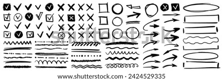 Boxes and checklists ticks, arrows and empty frame for text. Vector hand drawn element icon, isolated checkmark and scribble. Pencil, charcoal or pen pointers and markers for voting or test