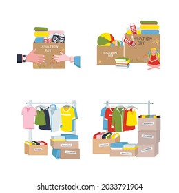 Boxes with clothes and items. The box is passed from hand to hand. Hangers of clothes. Vector illustration.