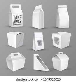 Boxes Collection For Food And Products Set Vector. Different Blank Cardboard Boxes And Foil Or Paper Bags For Take Away Nutrition. Container For Packing Lunch Template Realistic 3d Illustrations