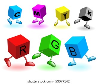 Boxes and colours on a white background