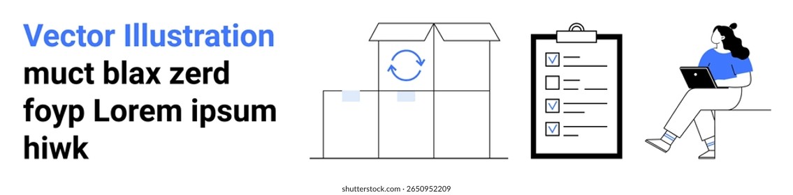 Boxes for delivery, a clipboard with a checklist, and a person working on a laptop. Ideal for logistics, project management, remote work, efficiency, e-commerce, organization, productivity. Landing