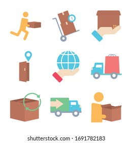 cuadros y conjunto de iconos de entrega sobre fondo blanco, estilo plano, ilustración vectorial