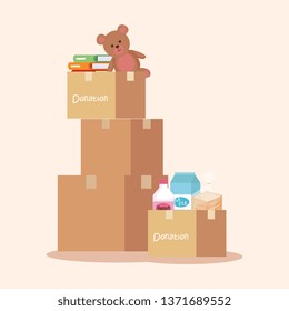 boxes donation with books and teddy with food