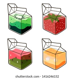 Boxes of drinks from kiwi, strawberries, lemon, watermelon. Eps 10.