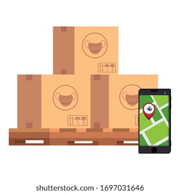 boxes of face masks and smartphone with location app vector illustration design