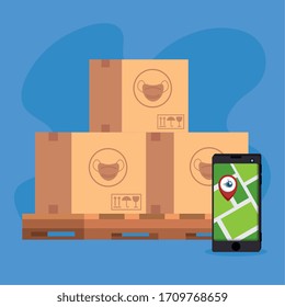 boxes of face masks and smartphone with location app vector illustration design