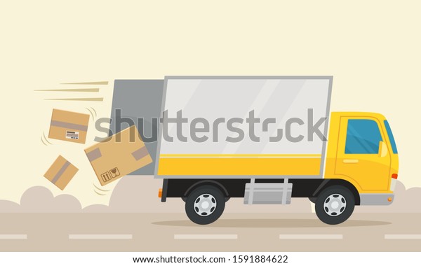 Boxes\
fall from truck as the back door is not closed. Truck drives at\
high speed and loses cargo. Сareless driver. Danger accident.\
Vector illustration, flat design, cartoon\
style.