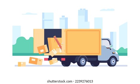 Boxes fall from truck. Lorry cardboard parcels loss. Cargo automobile shipping. Traffic accident. Insecure packages transportation. Delivery failure. Freight insurance