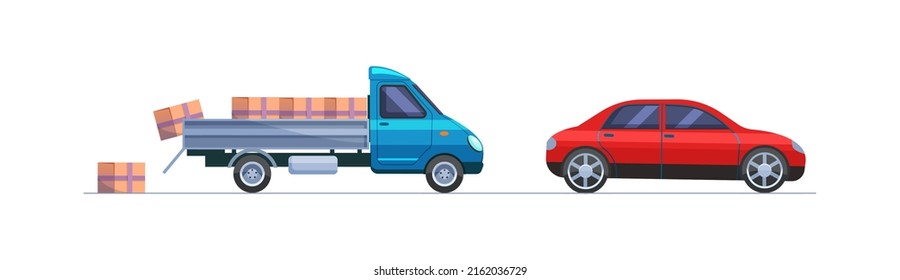 Boxes fell out of unlocked door of truck on road. Transportation car and falling packages. Collision of car and truck, road traffic accident flat vector