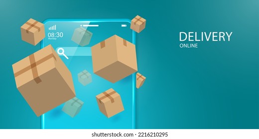 Boxes floating from the ground around the phone order online, fast delivery: vector land and air transport services.illustration.