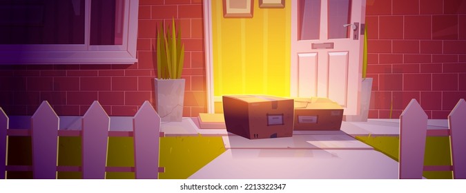 Boxes front of open door, delivery service concept with parcels lying on step mat front of home entrance. Courier work, shipping, logistic cartoon vector illustration with carton packs at house yard