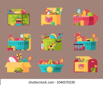 Boxes full kid toys cartoon cute graphic play childhood baby room container vector illustration