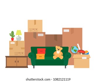 Boxes and furniture for moving to another house. flat vector illustration isolated on white background