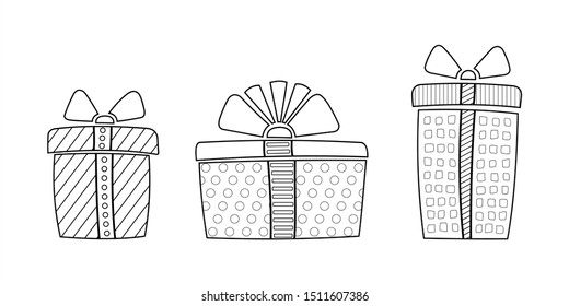 Boxes With Gifts For Birthday, Christmas, New Year. Gift Holiday Packaging. Set Of Funny Gift Boxes. Contour Vector Image Isolated On A White Background. For Coloring Book Page.