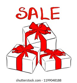 Boxes with gifts and bows, vector illustration isolated on white background.