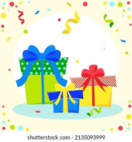 Boxes with gifts for the holiday, decorated with bows. Flat style. On a background with a multicolored serpentine. It can be used for a banner, like a postcard.
