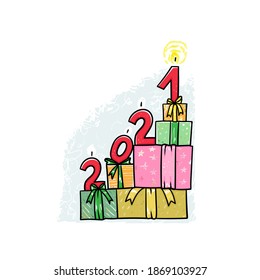 Boxes with gifts isolated on white background.New year 2021. Candle calendar. Stock illustration.