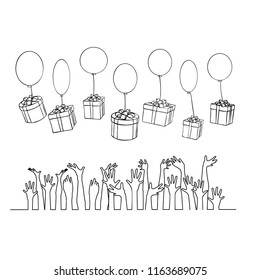 boxes with gifts on balloons fall into the hands of people, vector illustration
