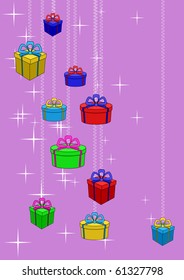 Boxes with gifts on a colour background with stars. Celebratory picture