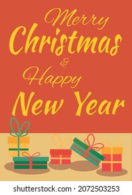 Cajas con regalos en un fondo festivo, luminoso, naranja-amarillo. Dejando pasar Feliz Navidad y Feliz Año Nuevo. Se puede usar para felicitaciones
