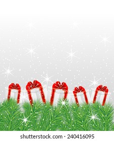 boxes with gifts on the green branches of christmas tree,  vector  illustration