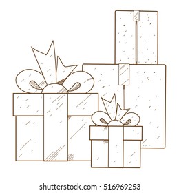 Boxes with gifts outline drawing for coloring. Vintage style.