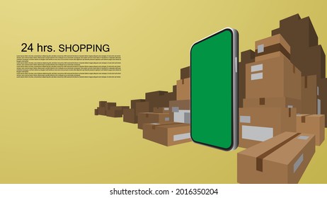 Cajas de bienes apilados para ser vendidos por compras en línea en el móvil. Móvil con pantalla verde.
