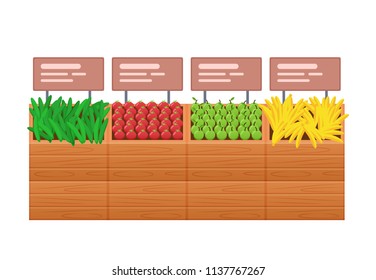 Boxes with goods, products in form of vegetables and fruits, with table, which indicates product data and prices. Shopping, in mall, supermarket, shopping center, store, magazin. Vector illustration.