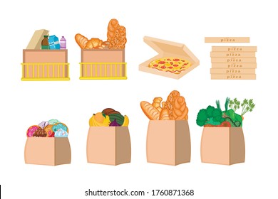 Cajas con kit de comestibles y con productos de panadería, pizza en cajas, bolsas de papel con verduras, frutas, dulces, productos de panadería de fondo blanco. Un conjunto de ocho kits de comestibles. Ilustración vectorial.