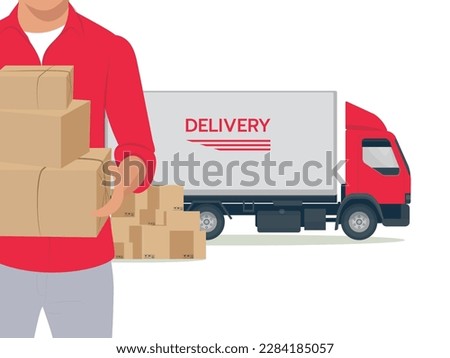 Boxes in the hands of a courier with a truck in the background. Online delivery service. Vector illustration of fast delivery.