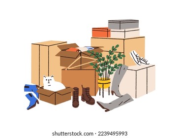 Boxes heap, packages pile with stuff, shoes. Cardboards stack with footwear, props, belongings and cute cat. Items, clothes packed for moving. Flat vector illustration isolated on white background